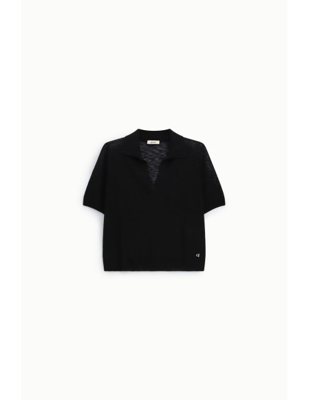 Camisola Manga Curta com Decote em V e Gola Dixie