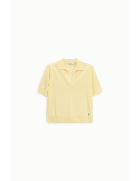 Camisola de Manga Curta com Decote em V e Gola Dixie