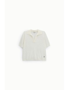 Camisola de Manga Curta com Decote em V e Gola Dixie