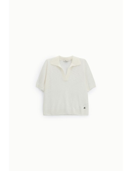 Camisola de Manga Curta com Decote em V e Gola Dixie