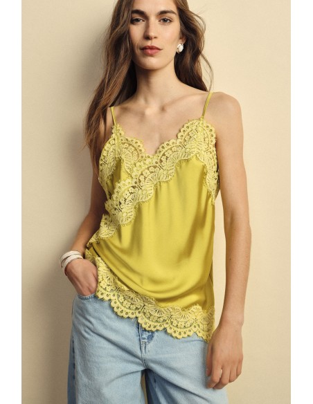 Top de alças finas com bordo de renda assimétrica Dixie