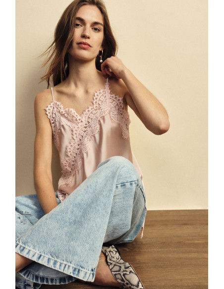Top de alças finas com borda de renda assimétrica Dixie