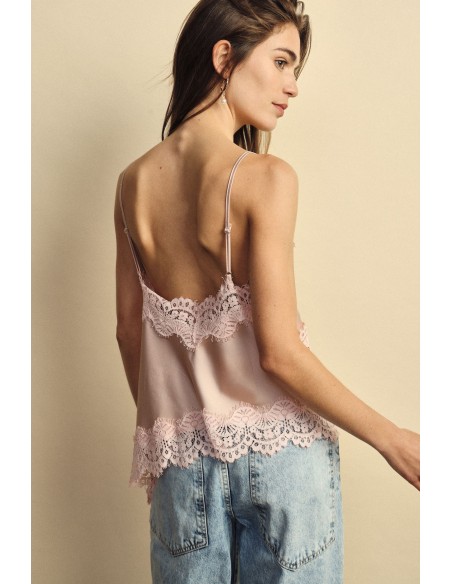 Top de alças finas com borda em renda assimétrica Dixie
