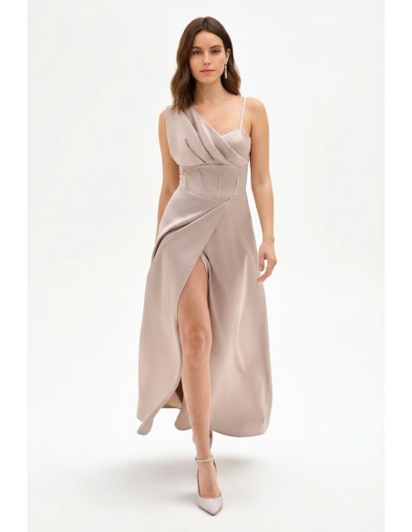 Abito Lungo Bustier A Ruota In Raso Con Manica Drappeggiata Rinasci...