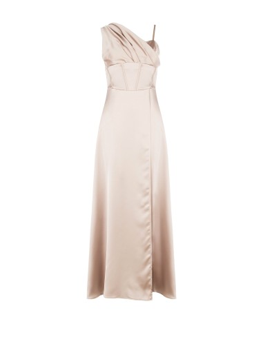 Vestido longo bustier com saia rodada em cetim e manga drapeada Rinascimento