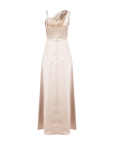 Vestido longo bustiê com saia rodada em cetim com manga drapeada Rinascimento