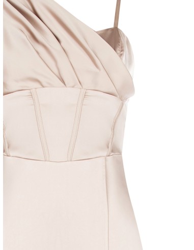 Vestido Longo Bustier com Saia Rodada em Cetim e Manga Drapeada Rinascimento