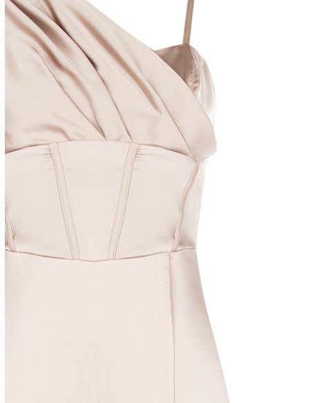 Vestido Longo Bustier com Saia Rodada em Cetim e Manga Drapeada Rinascimento