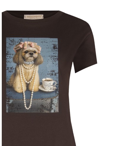 T-shirt regular em algodão com estampado de cão e strass Rinascimento