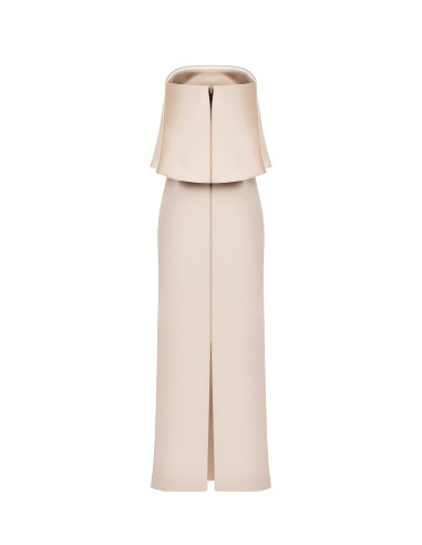 Vestido longo tomara que caia em scuba crepe com maxi folhos em cetim Rinascimento