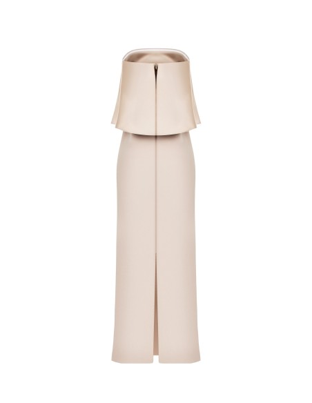 Vestido longo tomara que caia em scuba crepe com maxi folhos em cetim Rinascimento