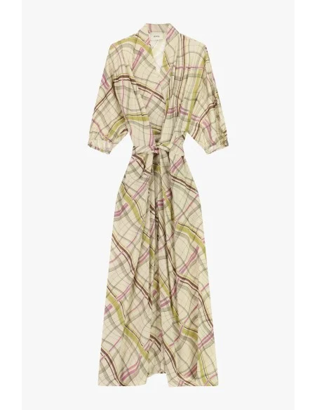 Vestido Comprido Cruzado com Estampa Xadrez Dixie