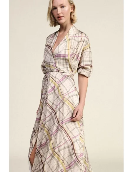 Vestido Longo Cruzado Com Estampa Xadrez Dixie