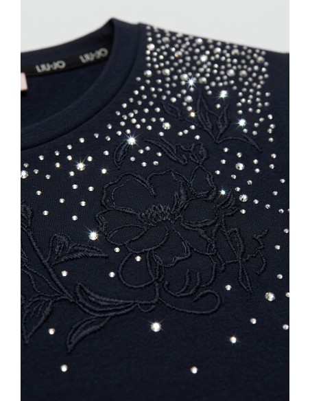 T-shirt com strass e bordado floral Liu Jo