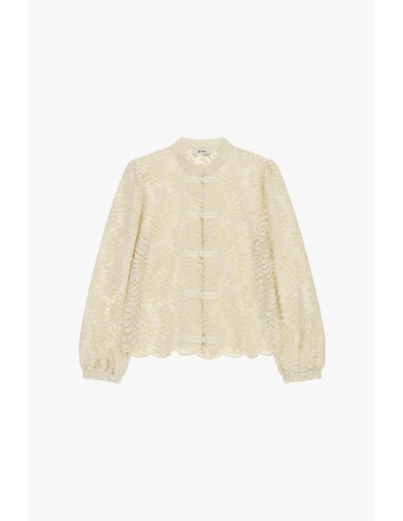 Blusa de renda com fecho em laços e borda ondulada Dixie