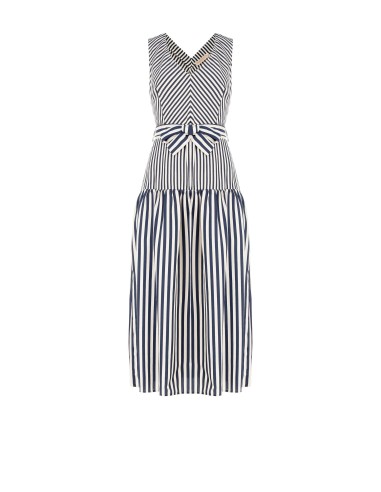Vestido midi em mistura de viscose às riscas com decote em V e cinto coordenado Rinascimento