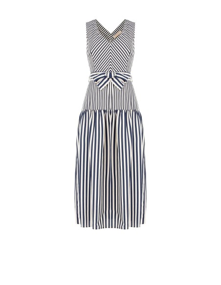 Vestido midi em mistura de viscose às riscas com decote em V e cinto coordenado Rinascimento
