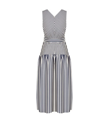 Vestido midi em mistura de viscose às riscas com decote em V e cinto coordenado Rinascimento