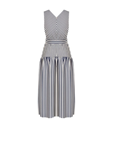 Vestido midi em mistura de viscose às riscas com decote em V e cinto coordenado Rinascimento