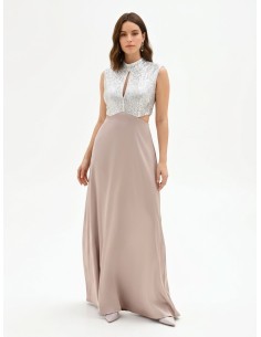 Abito Lungo Svasato In Raso Con Corpetto Ricoperto Di Paillettes Ri...