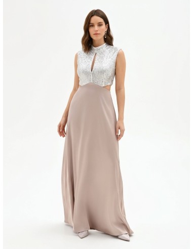 Abito Lungo Svasato In Raso Con Corpetto Ricoperto Di Paillettes Ri...