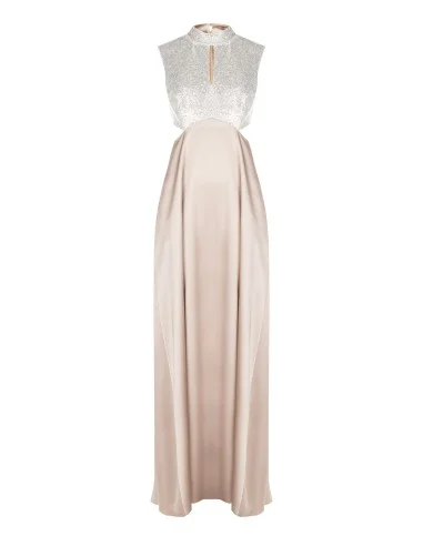 Vestido longo com corte evasé em cetim com corpete coberto de lantejoulas Rinascimento