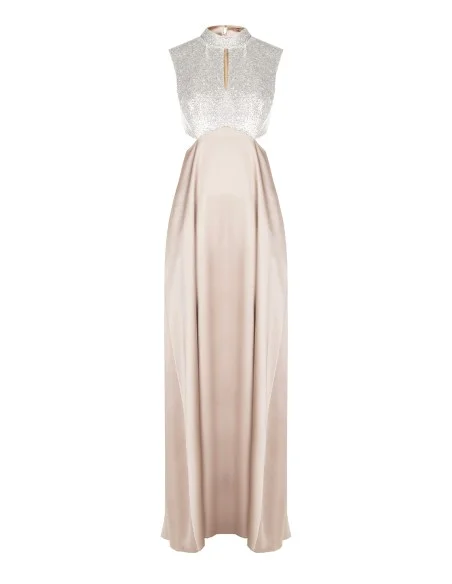 Vestido longo com corte evasé em cetim com corpete coberto de lantejoulas Rinascimento