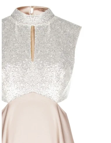 Vestido comprido evasê em cetim com corpete revestido de lantejoulas Rinascimento