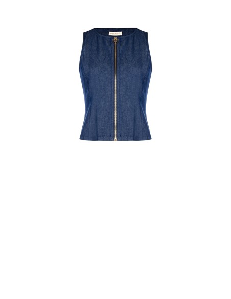 Gilet Sfiancato In Leggero Denim Con Zip Logo Rr Rinascimento - Ves...
