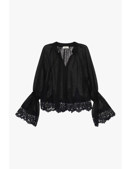 Blusa Transparente com Mangas Amplas e Renda Dixie