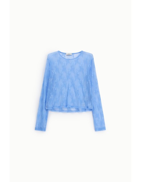 Top transparente com mangas compridas e bordado floral Dixie