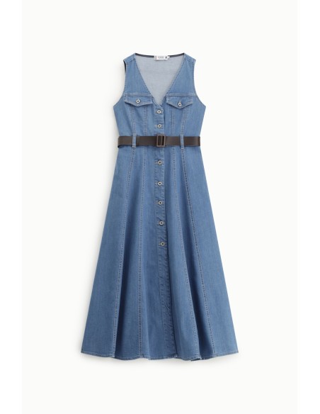 Vestido Midi Evasé Com Bolsos Frontais E Cinto Please