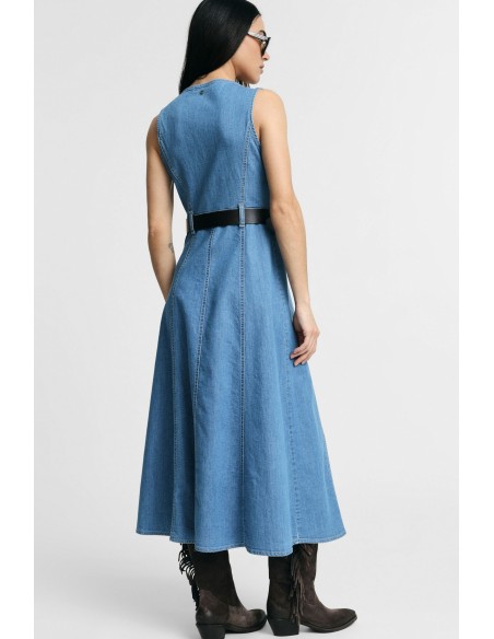 Vestido midi evasê com bolsos frontais e cinto Please