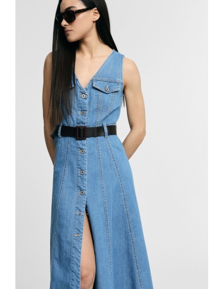 Vestido Midi Evasê Com Bolsos Frontais E Cinto Please