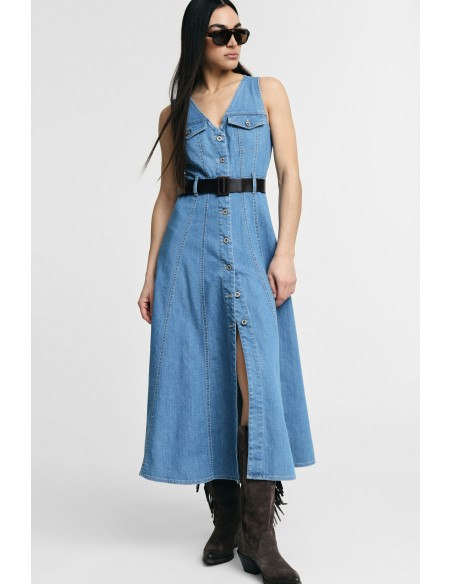 Vestido Midi Evasé com Bolsos Frontais e Cinto Please