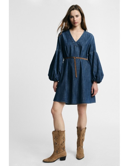 Vestido Curto Com Mangas Amplas E Cinto Please