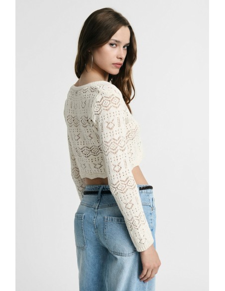 Cardigan Curto Ajourado Com Mangas Compridas Please