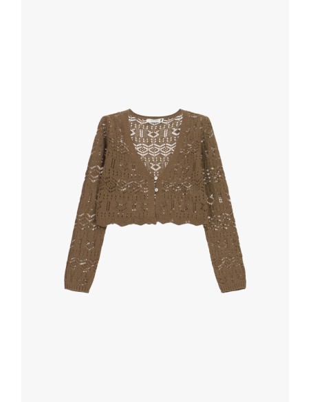 Cardigan Curto Ajourado com Mangas Compridas Please