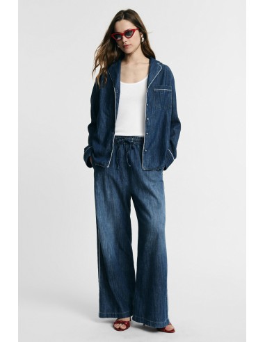 Jeans wide leg com elástico e cordão na cintura Please