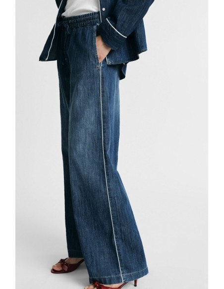 Jeans wide leg com elástico e cordão na cintura Please