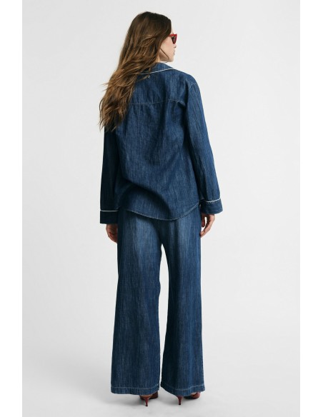 Jeans de perna larga com elástico e cordão na cintura Please