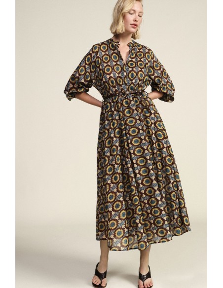 Vestido Longo Com Estampa Geométrica E Cinto Dixie