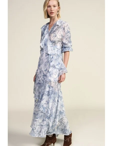 Vestido Longo com Estampa Floral e Folhos Assimétricos Dixie