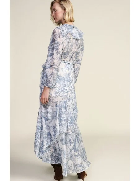 Vestido longo com estampado floral e folhos assimétricos Dixie