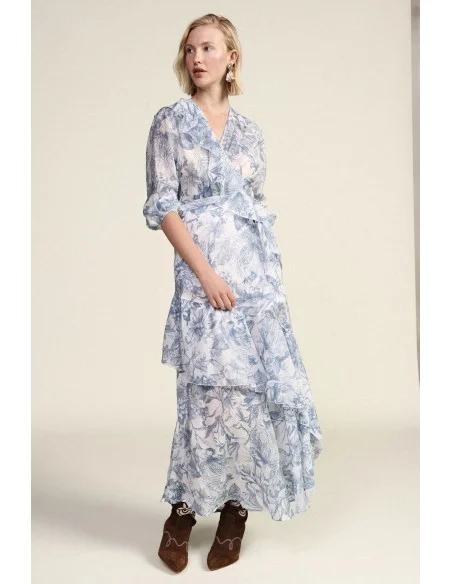 Vestido Longo Com Estampa Floral E Folhos Assimétricos Dixie