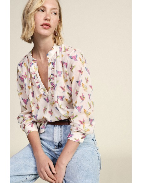 Blusa Estampada com Decote de Folhos e Mangas Compridas Dixie