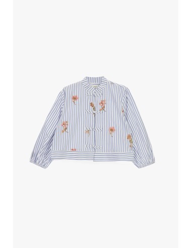 Camisa às Riscas com Bordados Florais e Fecho em Nó Dixie