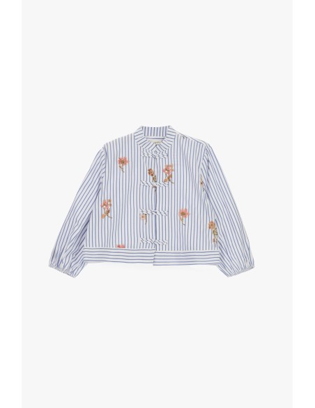 Camisa às Riscas com Bordados Florais e Fecho em Nó Dixie