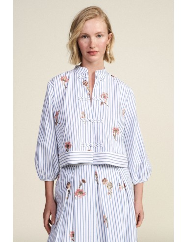 Camisa às riscas com bordados florais e fecho com nó Dixie