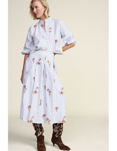 Saia Plissada às Riscas com Estampado Floral Dixie
